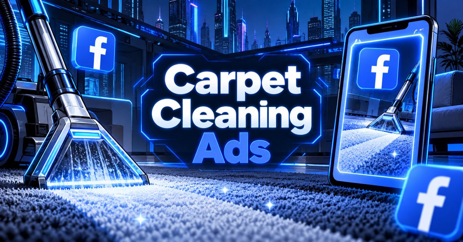 Cyberpunk illustration of a vacuum cleaner cleaning a carpet, styled as a Facebook ad.