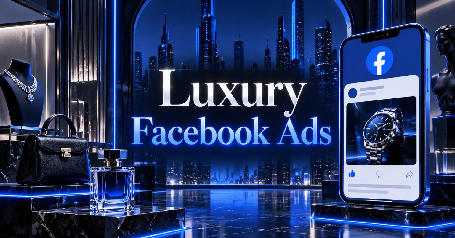 Cyberpunk illustration showing luxury ads on a Facebook page.