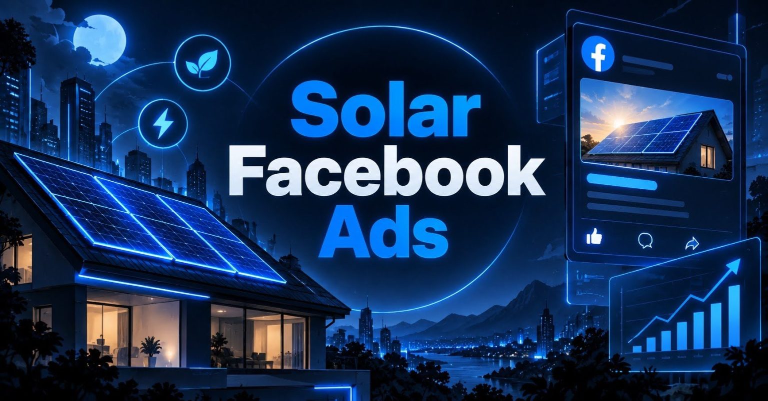 Cyberpunk solar Facebook ads with neon rooftop panels