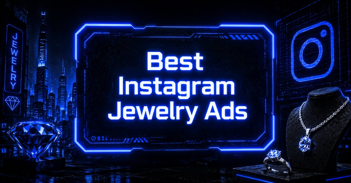 Cyberpunk-style Instagram jewelry ads graphic with neon blue jewelry visuals and futuristic city background.