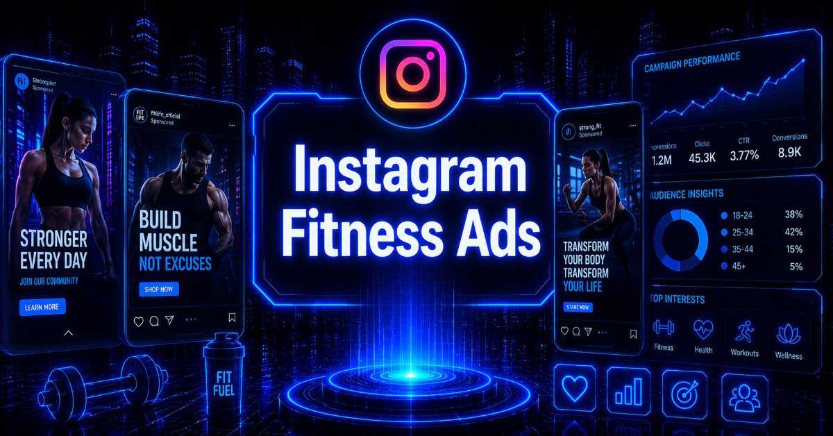 Cyberpunk-style header image with “Instagram Fitness Ads” in glowing blue text, featuring fitness-themed Instagram ad mockups, workout imagery, and performance analytics on a futuristic tech background.