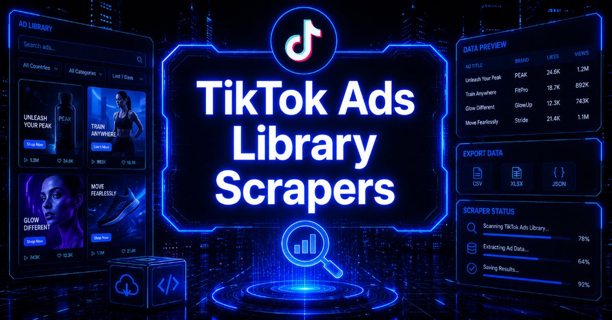 Cyberpunk-style header image with “TikTok Ads Library Scrapers” in glowing blue text, featuring a TikTok-themed ad library dashboard, data export panels, scraper analytics, and futuristic holographic interfaces on a dark tech background.