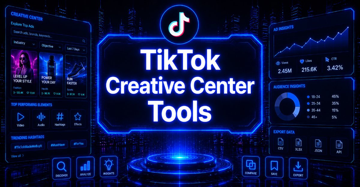 Cyberpunk-style header image with “TikTok Creative Center Tools” in glowing blue text, featuring a TikTok Creative Center dashboard, ad analytics panels, audience insights, export tools, and futuristic holographic interfaces on a dark tech-themed background.