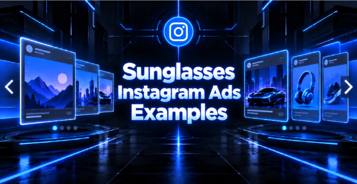 Cyberpunk sunglasses Instagram ads graphic with neon city background and blue accents
