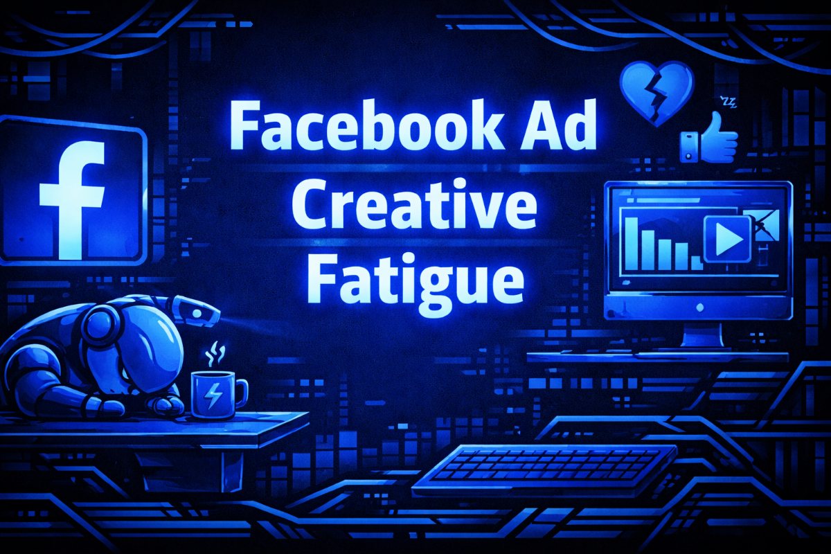 Facebook Ad Creative Fatigue graphic with a tired robot slumped over a desk beside a coffee mug, a declining analytics monitor, a broken heart icon, and the Facebook logo.
