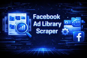 Facebook Ad Library Scraper graphic with a magnifying glass over ad listings, analytics icons, a gear, and the Facebook logo on a dark blue digital background.