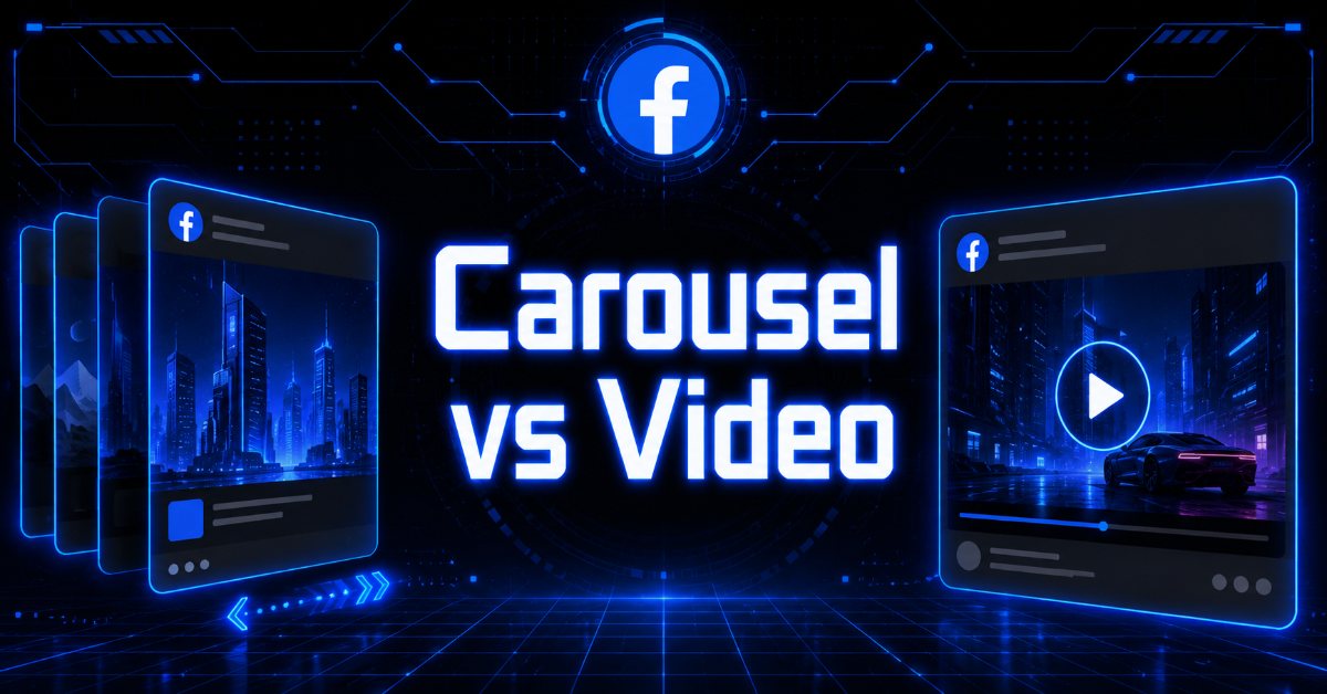 Facebook "Carousel vs Video" comparison graphic showing a stacked multi-image carousel post beside a video post with a play button.