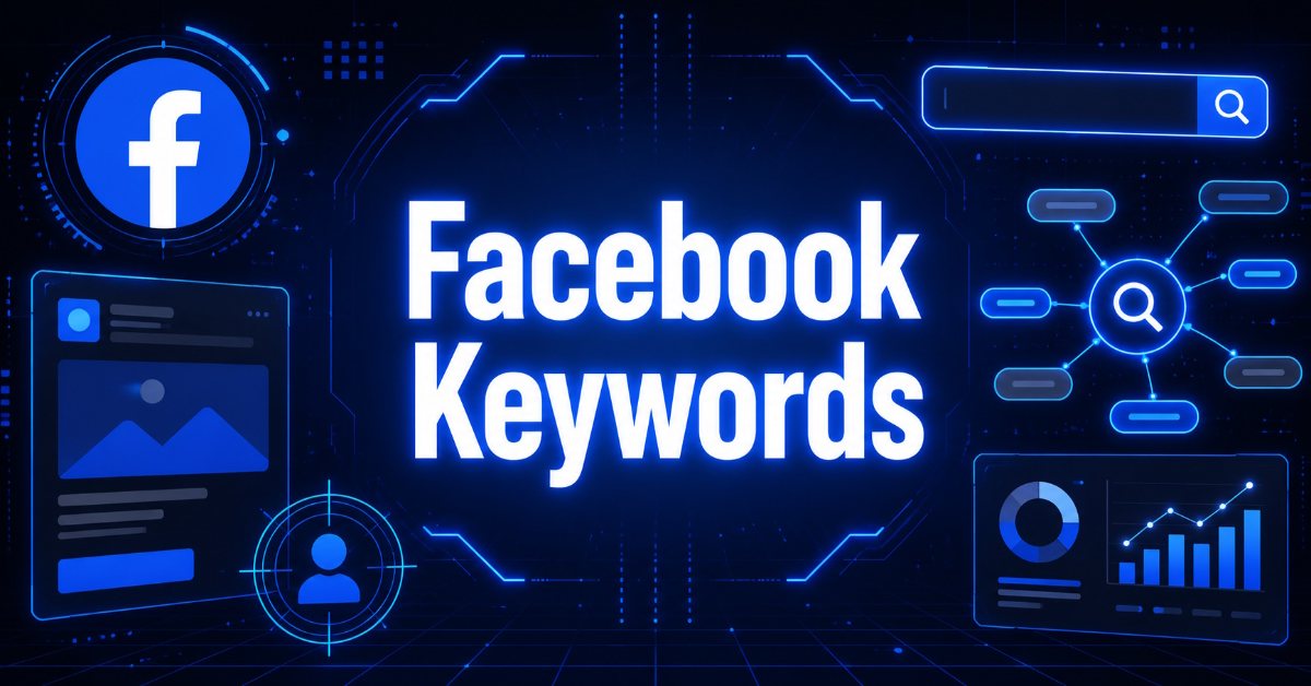 Facebook Keywords graphic with Facebook logo, search bar, user targeting icon, and analytics charts.