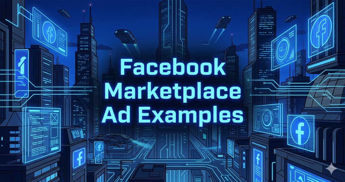 Facebook Marketplace ad examples graphic with Facebook logos on holographic screens above a city skyline.