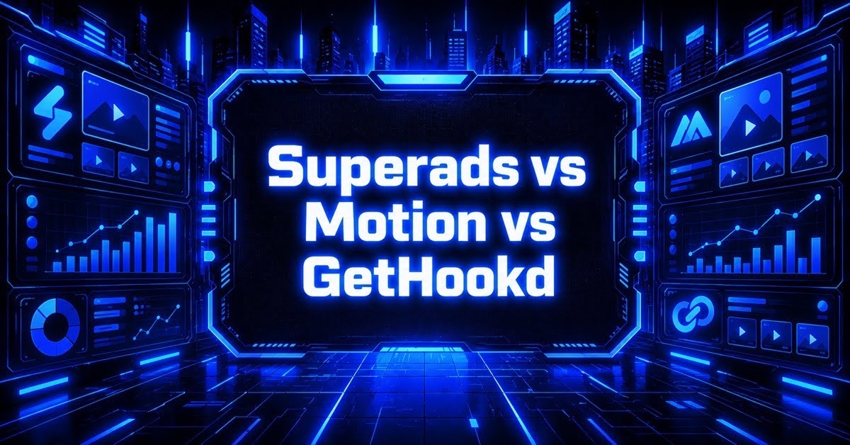 Featured image comparing Superads, Motion, and GetHookd as creative analytics tools, with ad performance dashboards on either side.