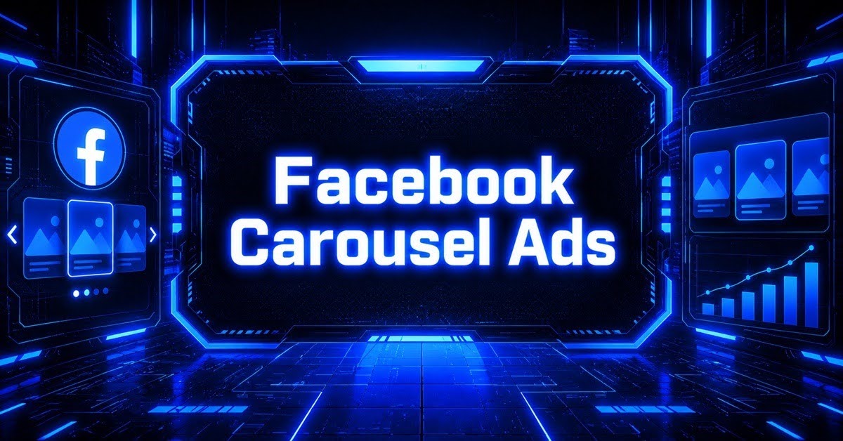 Featured image for a guide on how to create Facebook carousel ads, showing swipeable card panels and a performance chart.