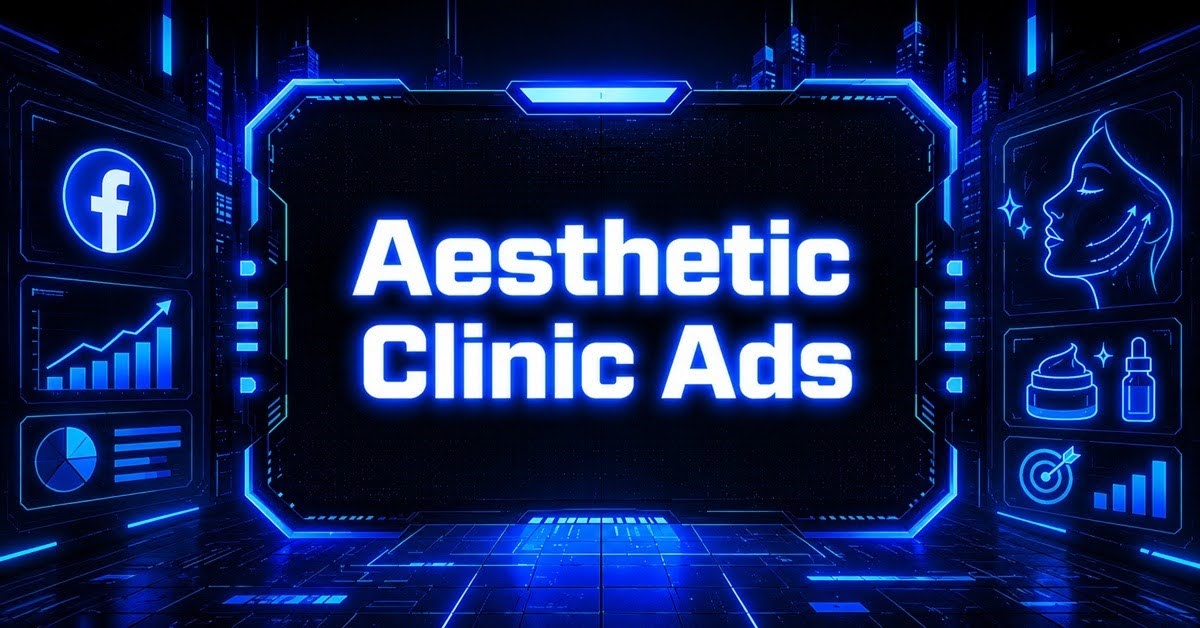 Featured image for a guide to Facebook ads for aesthetic clinics, with the Facebook logo and skincare icons framing the title.
