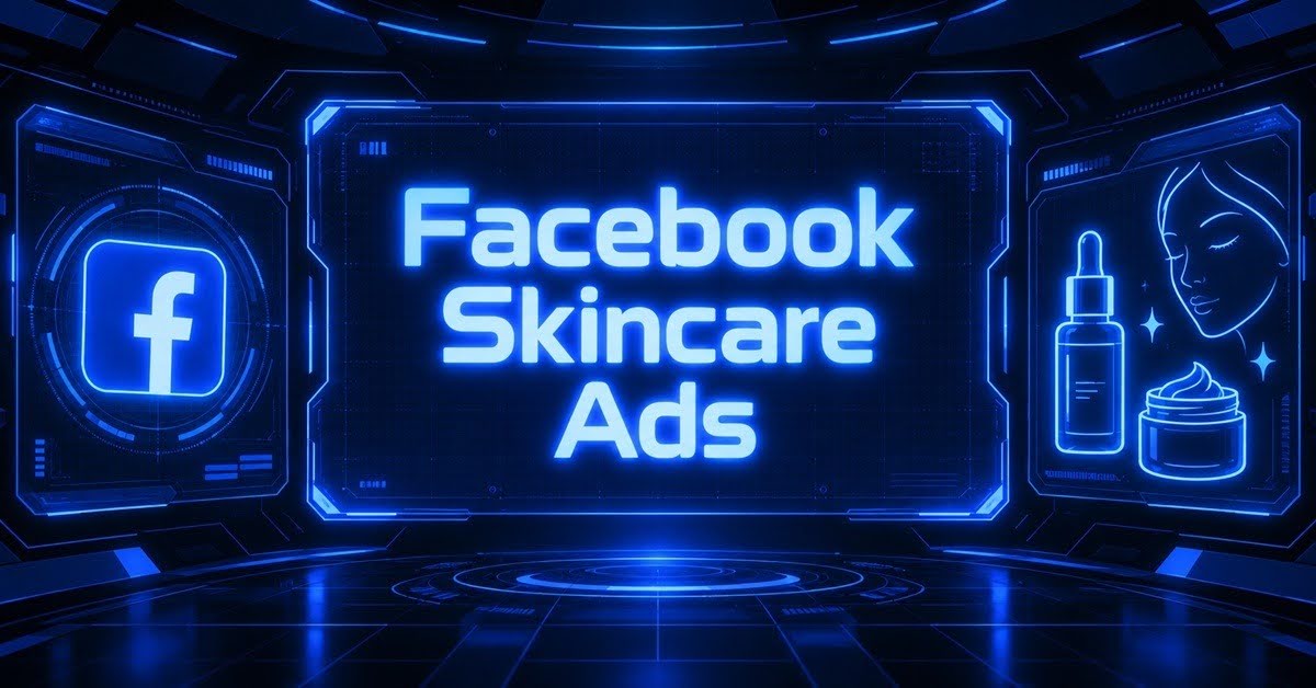 Featured image for a guide to effective Facebook ads for skincare products, with the Facebook logo on one side and a face illustration on the other.