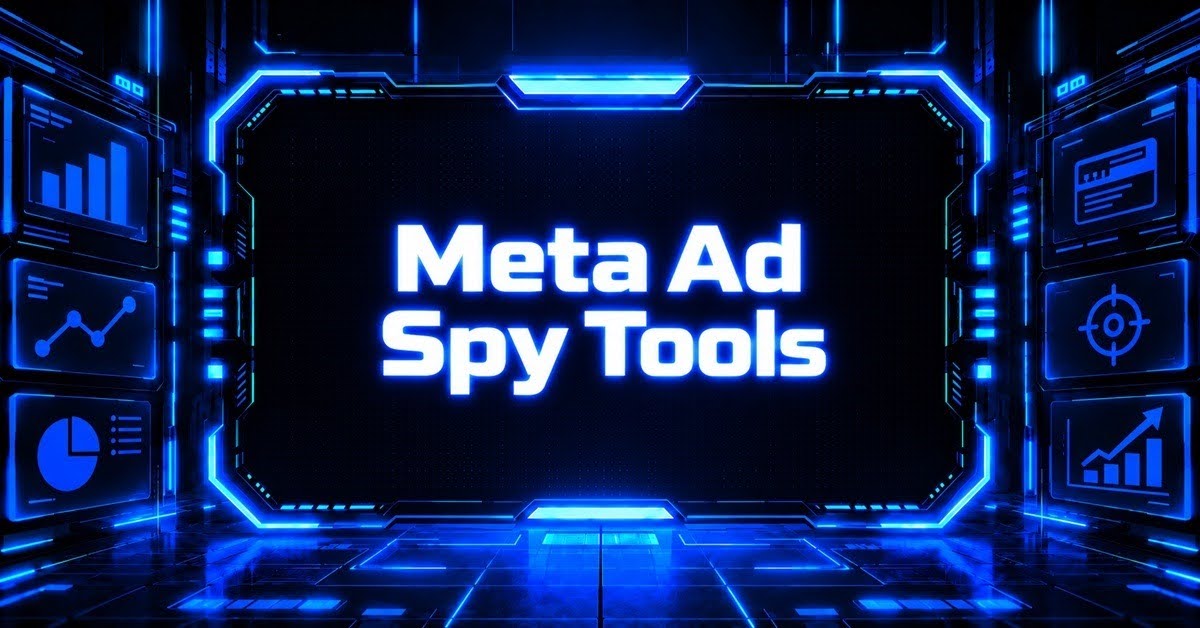 Featured image for a roundup of the best Meta ad spy tools for competitor analysis, surrounded by chart and target icons.