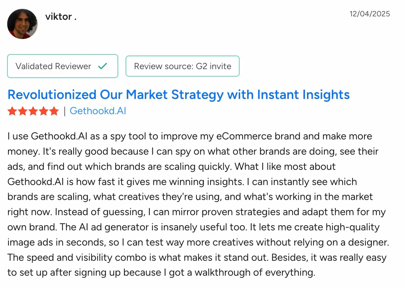 Five-star G2 review praising GetHookd for competitor research, scaling insights, and fast AI ad creation.