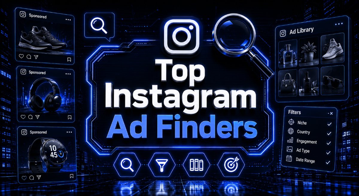 Futuristic blue cityscape with neon "Instagram Ad Finders" text and GetHookd, AdSpy, PowerAdSpy, and BigSpy logos.