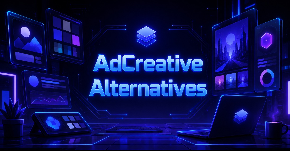 Futuristic dark workspace with glowing screens displaying "AdCreative Alternatives" in neon blue text
