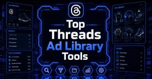 Futuristic digital cityscape with holographic dashboard displaying the text " Top Threads Ad Library Tools."