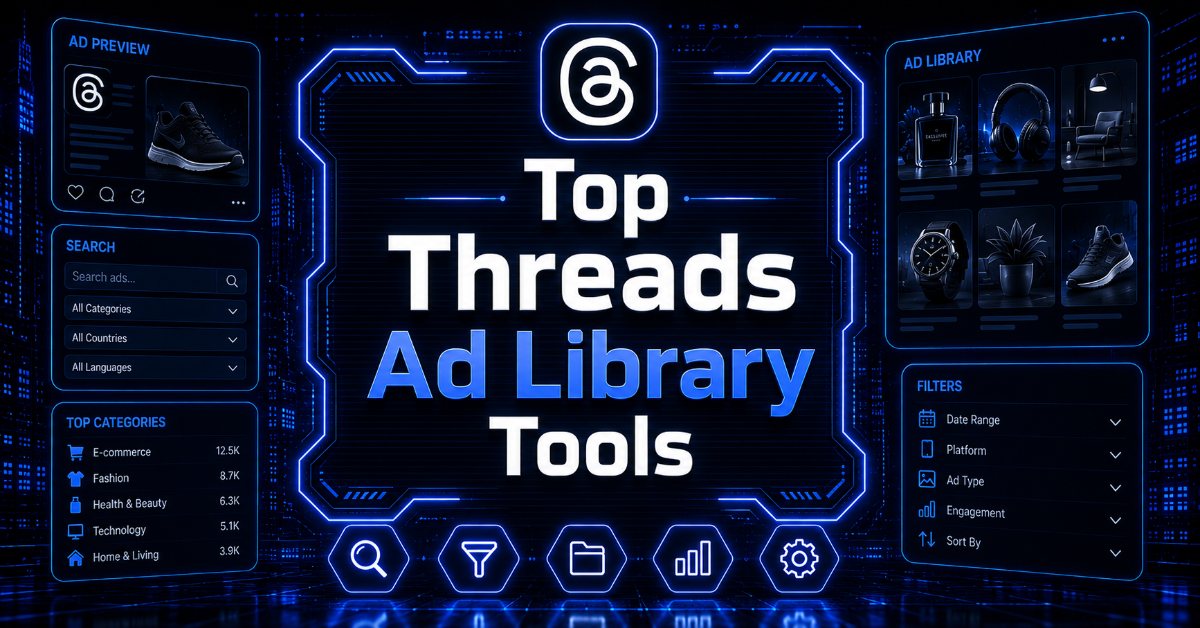 Futuristic digital cityscape with holographic dashboard displaying the text " Top Threads Ad Library Tools."