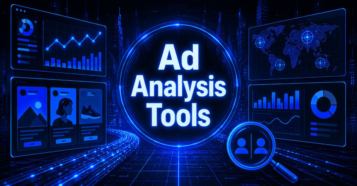Futuristic digital graphic displaying "Ad Analysis Tools" surrounded by charts, dashboards, and a magnifying glass icon.