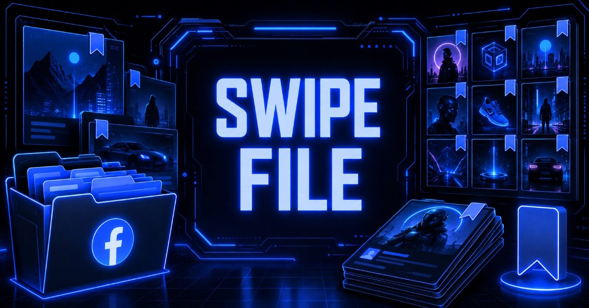 Futuristic digital swipe file concept with Facebook ad folders and saved competitor ad thumbnails.