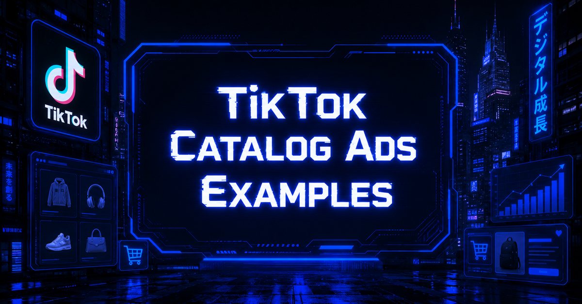 Futuristic display promoting TikTok Catalog Ads Examples with product cards showing fashion items and a shopping cart icon.