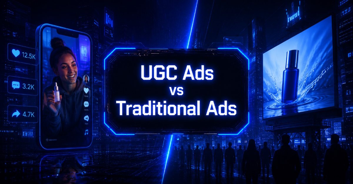 Futuristic illustration of a UGC vs Traditional ads comparison.
