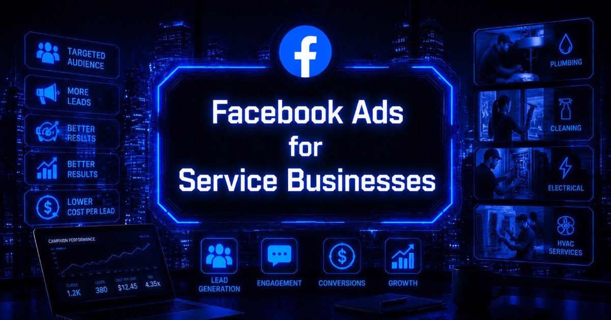 Futuristic illustration showing “Facebook Ads for Service Businesses.”