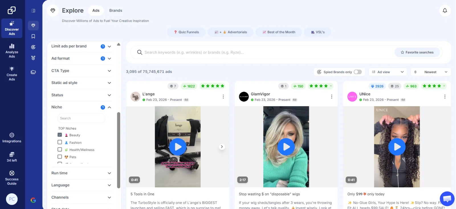 GetHookd Explore dashboard with filters for niche, ad format, and run time.