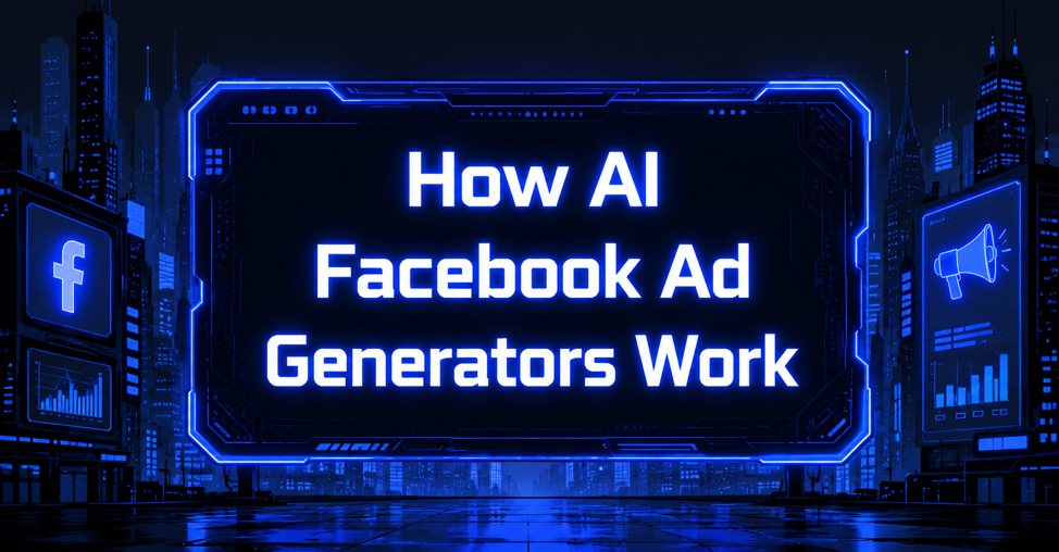 Large illuminated screen displaying How AI Facebook Ad Generators Work, flanked by Facebook logo and megaphone billboards.