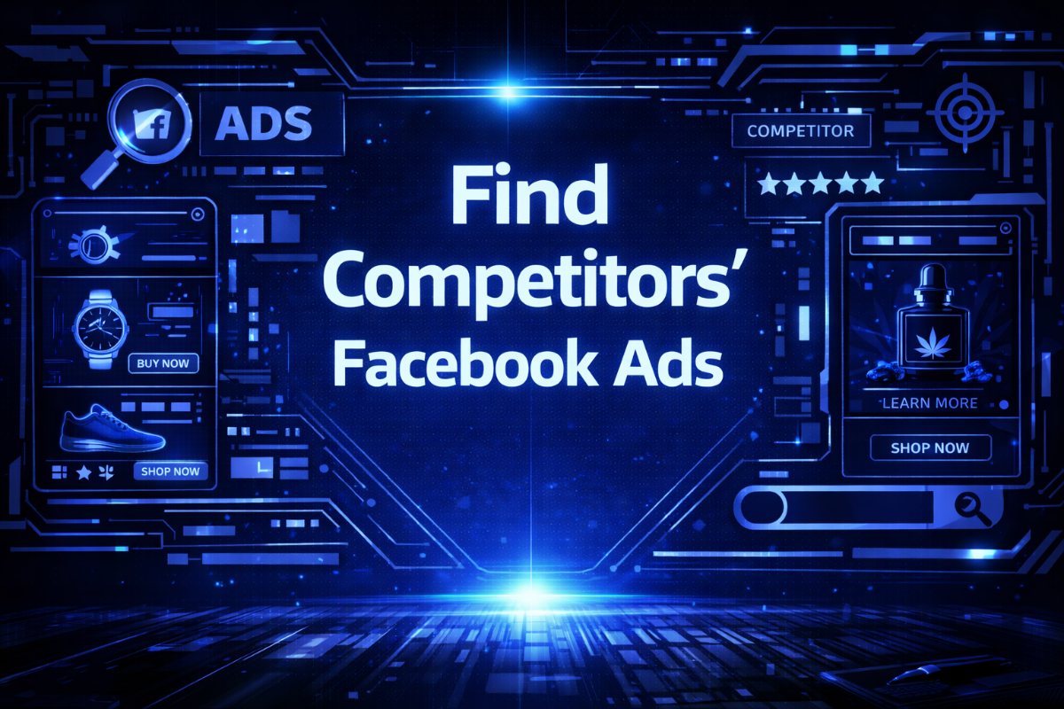 Find Competitors' Facebook Ads graphic with product ad mockups, a magnifying glass, and a competitor rating panel on a blue digital background.