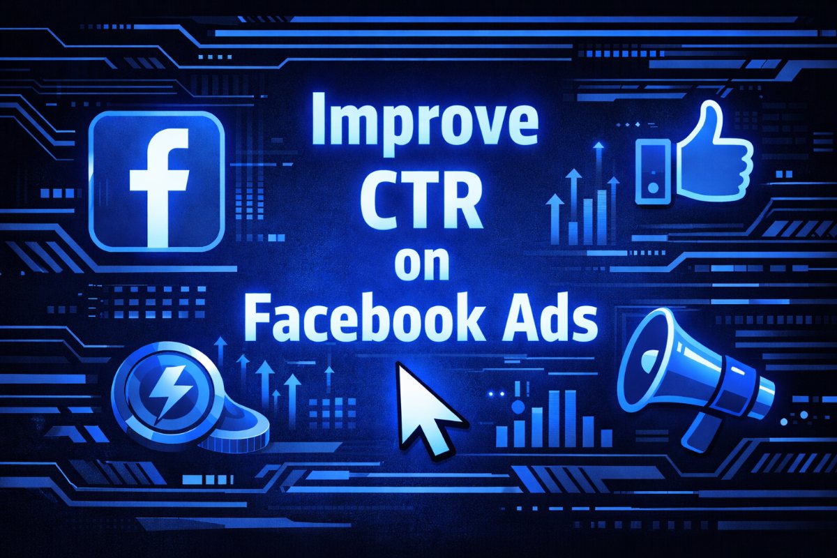 Improve CTR on Facebook Ads graphic with a thumbs up, megaphone, cursor, lightning bolt coin, and rising bar charts on a dark blue circuit board background.
