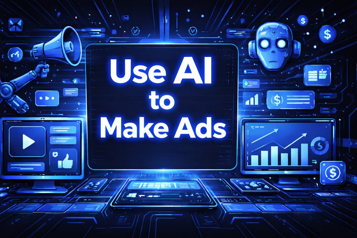 How to use AI to make an ad graphic with a robot head, video ad screen, growth chart monitor, and dollar sign icons on a dark blue digital background.