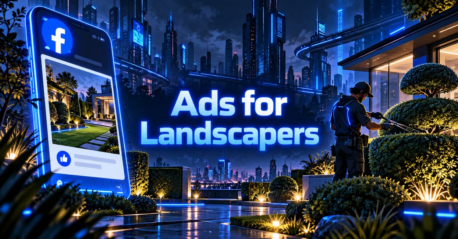 Illustration of a landscaper mowing a lawn, the featured image for a guide to Facebook ads for landscapers.