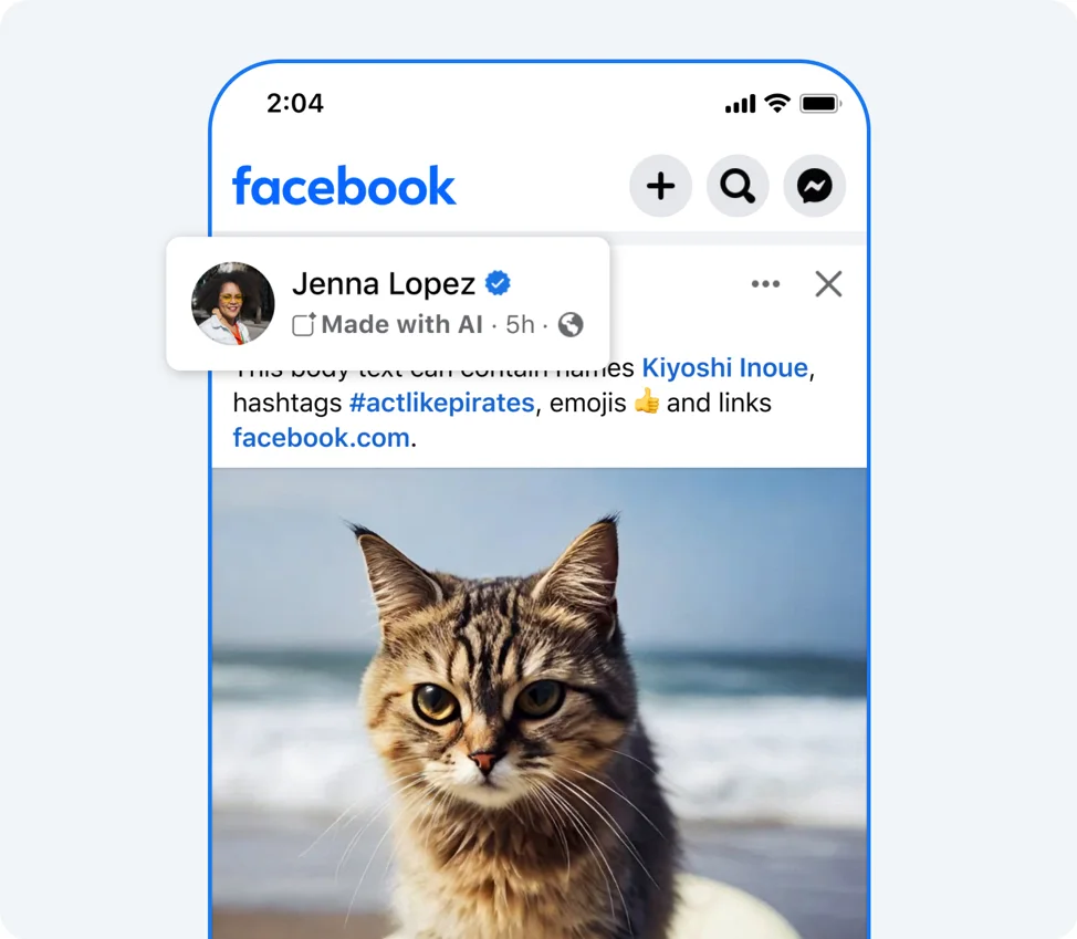 Screenshot of Facebook's mobile interface showing a Made with AI disclosure label on a post.