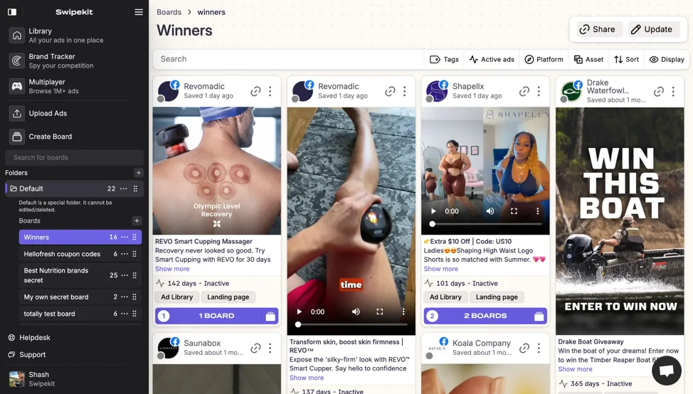 Swipekit's Winners board displaying 16 saved competitor ads in a grid, each card showing the ad creative, copy snippet, and days-active status.