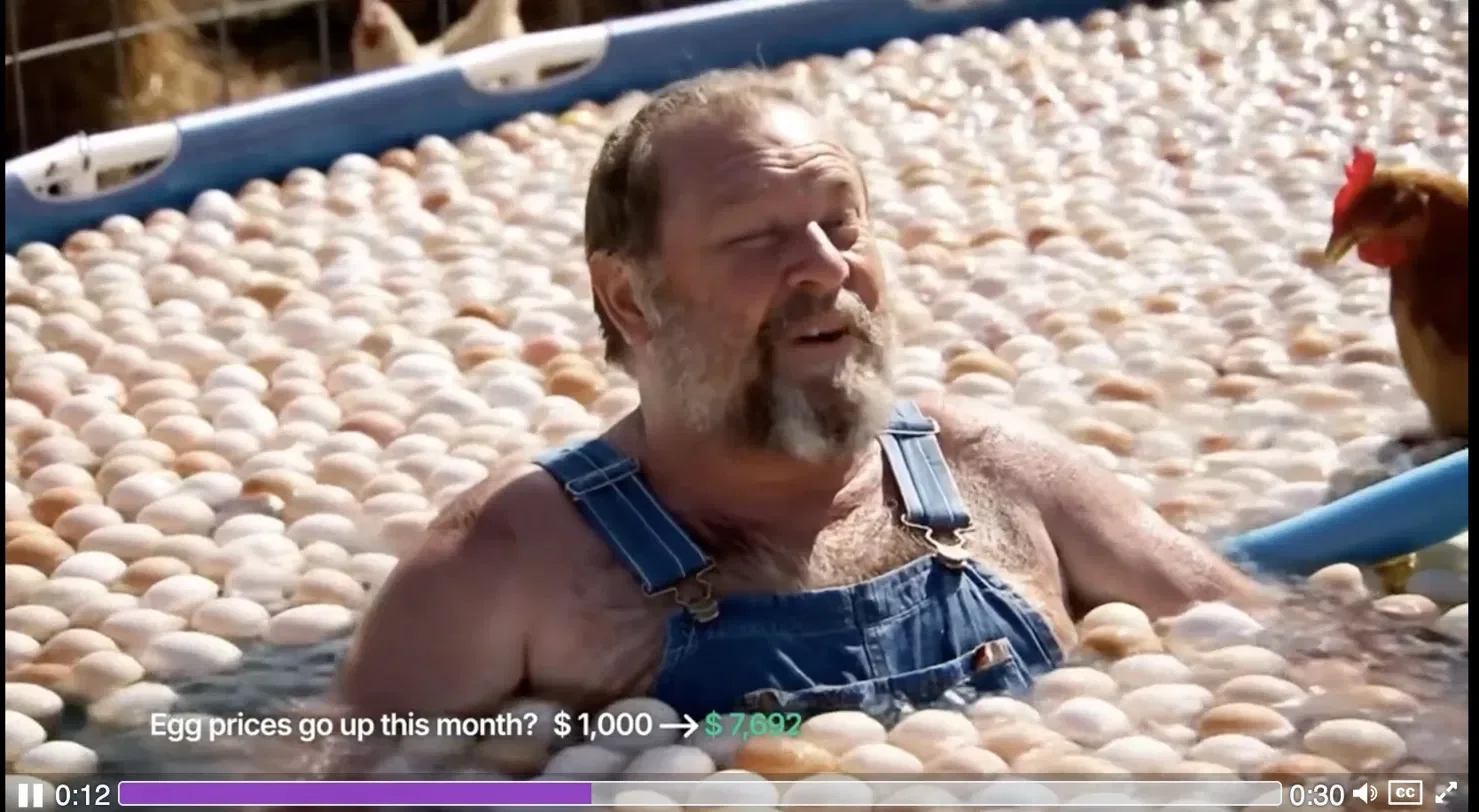Kalshi AI ad scene with a man in a pool of eggs and an egg-price trading overlay from Veo 3 spot.Kalshi AI ad scene with a man in a pool of eggs and an egg-price trading overlay from Veo 3 spot.