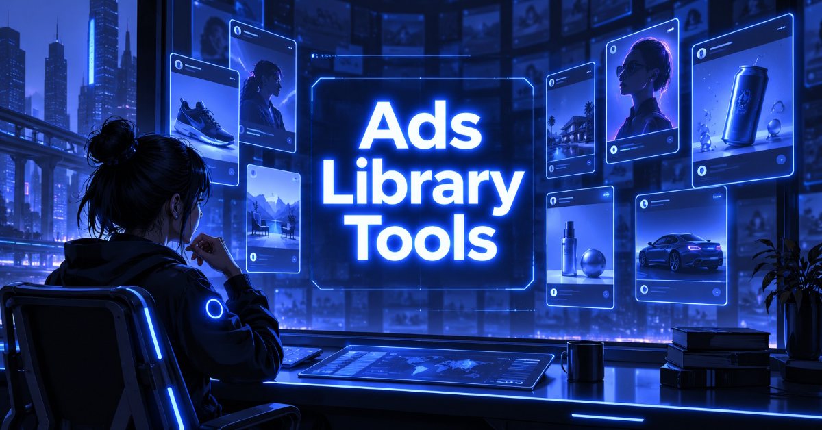 Marketer reviewing a wall of glowing social media ad creatives labeled Ads Library Tools.