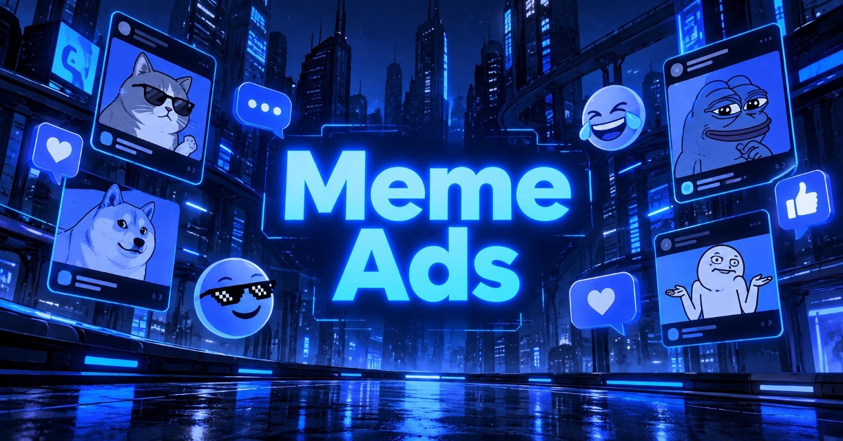 Meme ads graphic featuring meme characters, reaction icons, and blue cyberpunk cityscape