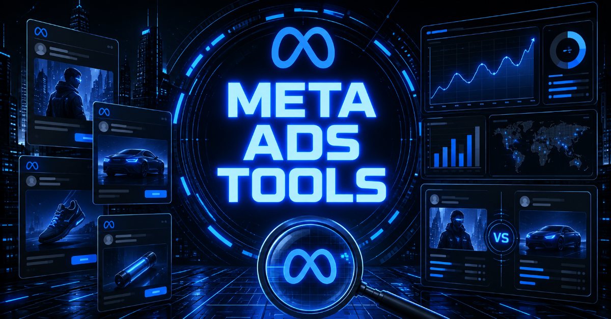 Meta ads tools graphic with competitor ad cards, performance charts, and magnifying glass over Meta logo.