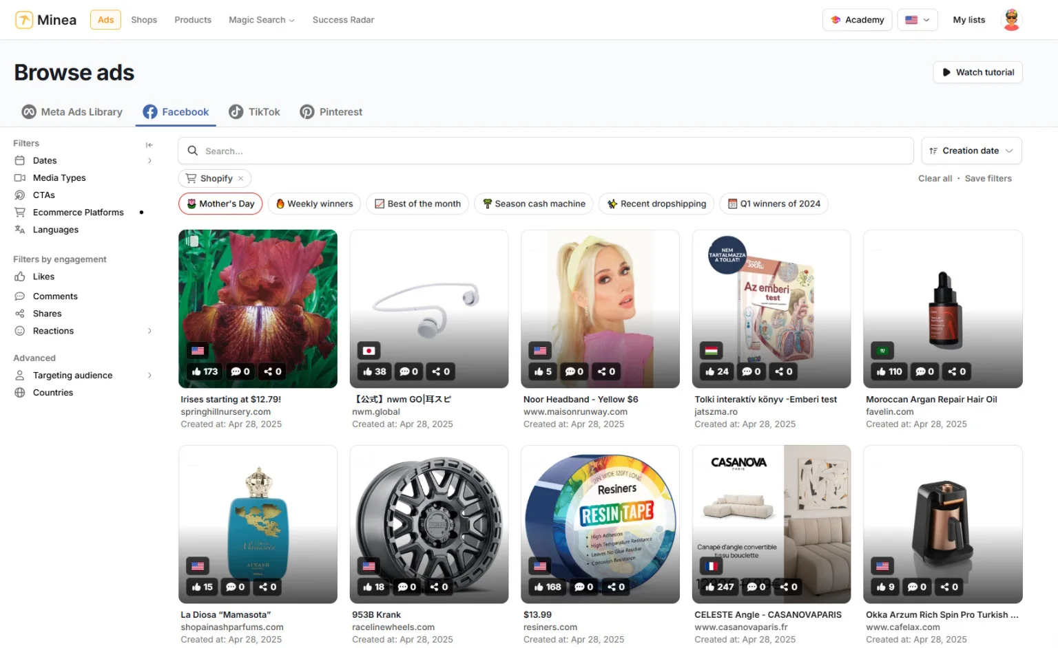 Minea Browse Ads dashboard showing Facebook ad results filtered by Shopify with engagement metrics.
