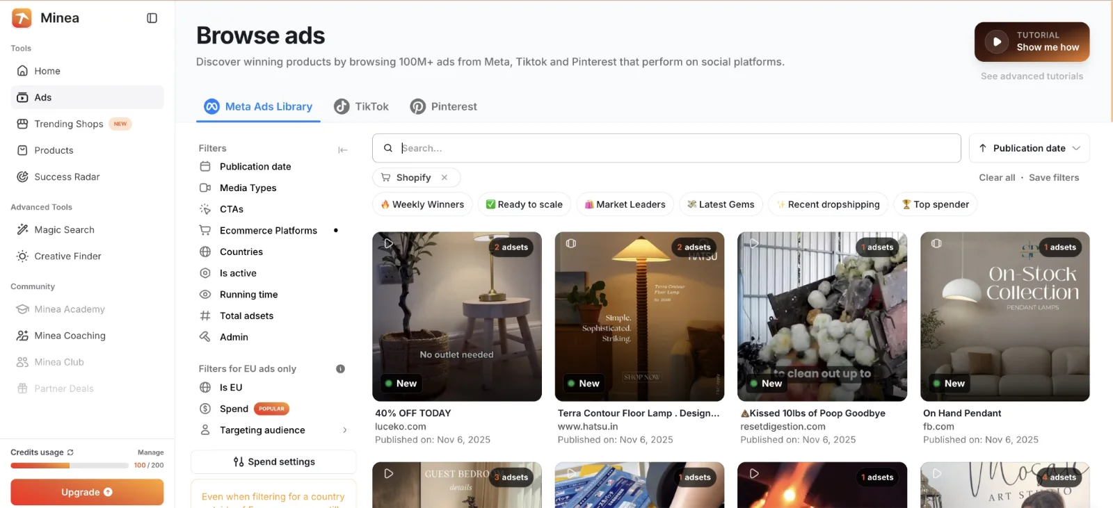 Minea Browse Ads dashboard showing Shopify-filtered Meta ad results with product cards, filters, and category tags.