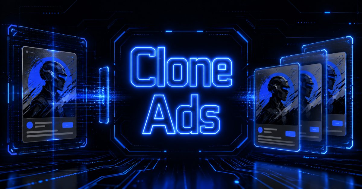 Neon "Clone Ads" graphic with duplicated ad creatives representing AI tools that clone competitor ads.