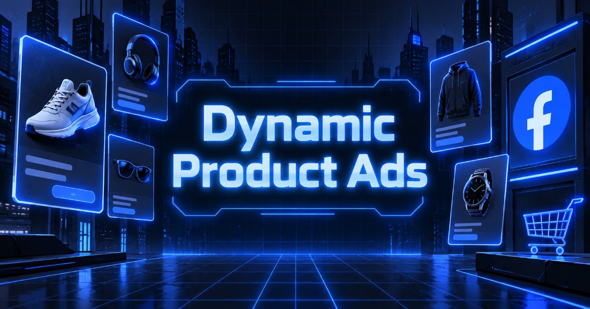 Neon "Dynamic Product Ads" title with floating product cards, Facebook logo, and shopping cart.