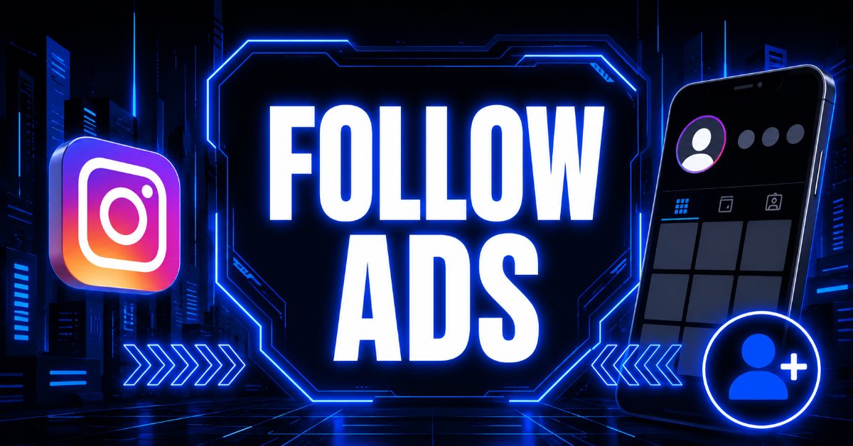 Neon "FOLLOW ADS" header featuring the Instagram logo, a profile-grid phone screen, and a follow icon.