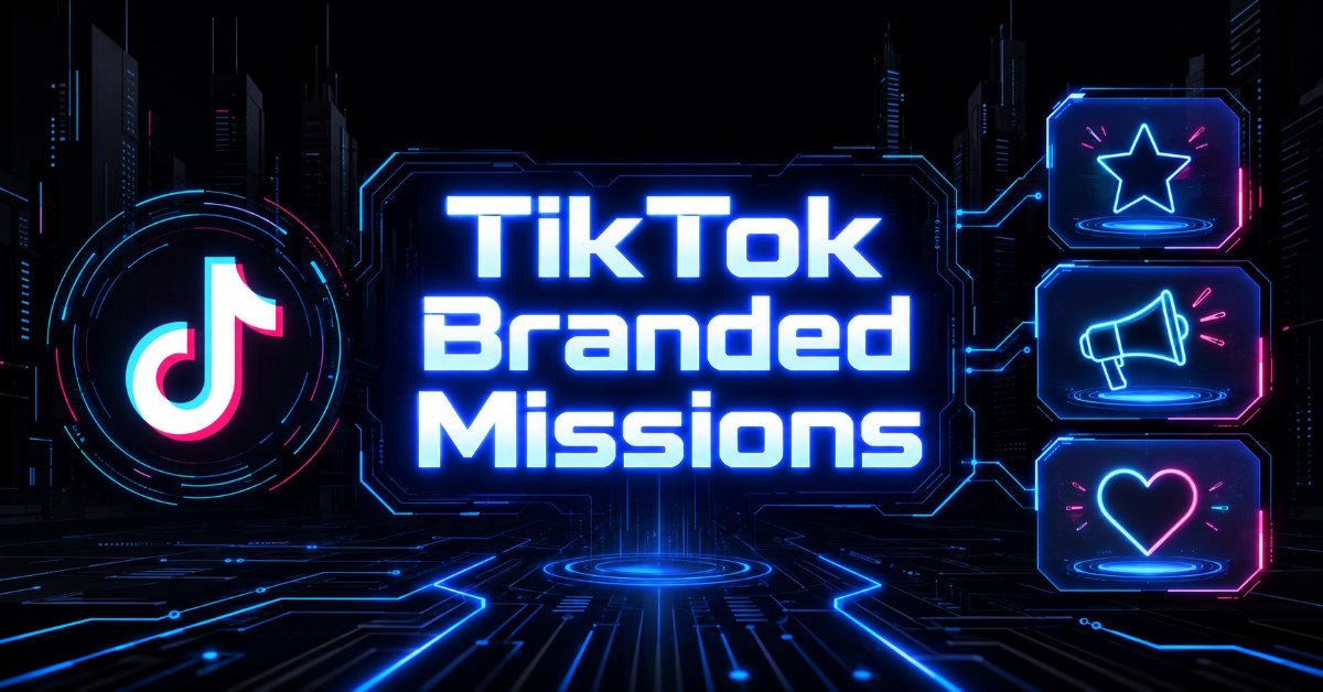 Neon "TikTok Branded Missions" logo with TikTok icon, star, megaphone.