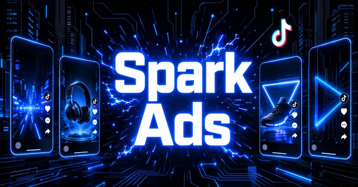 Neon blue "Spark Ads" text with TikTok logo and smartphones.