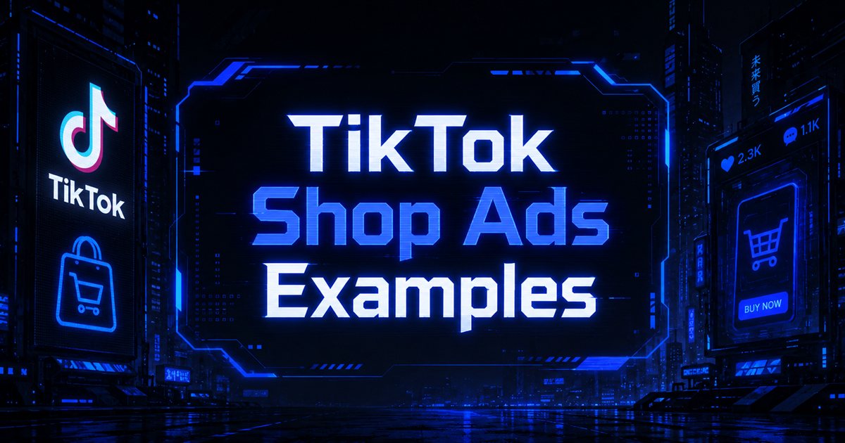 Neon blue futuristic display promoting TikTok Shop Ads Examples with a shopping bag icon and a Buy Now mobile preview in a dark cityscape.