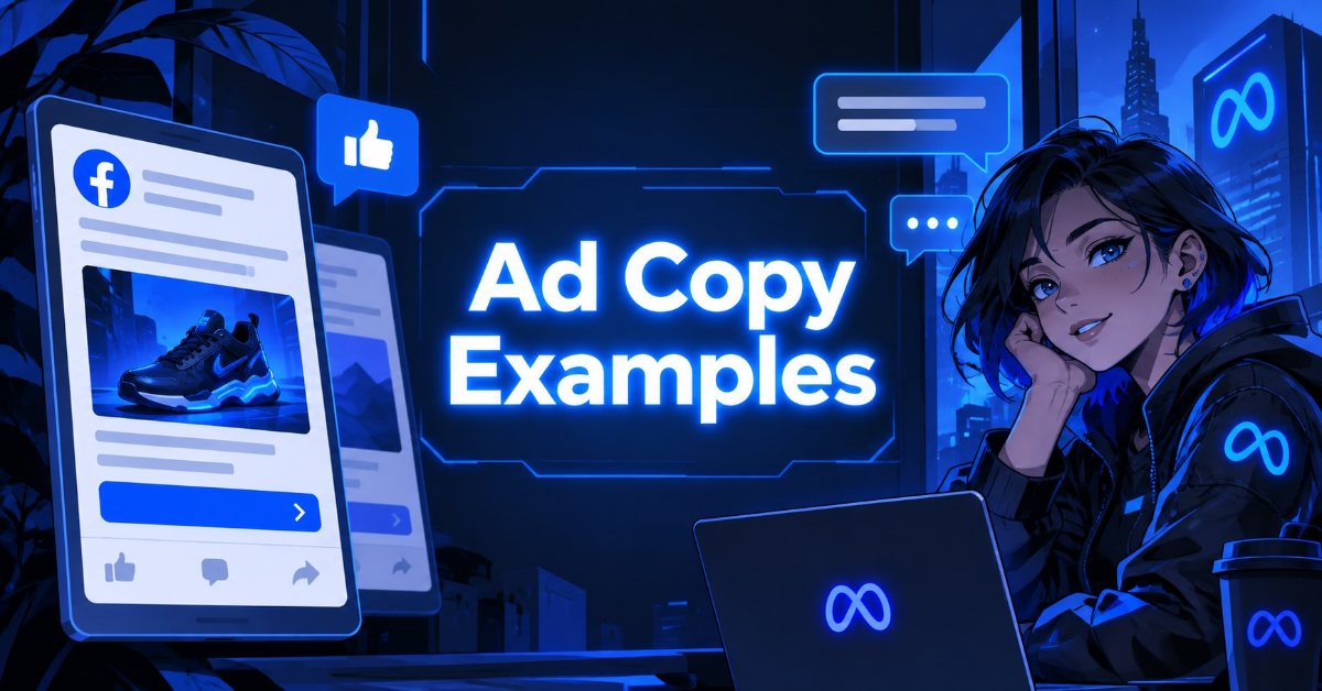 Neon blue illustration titled Ad Copy Examples with a woman at a laptop beside Facebook ad mockups