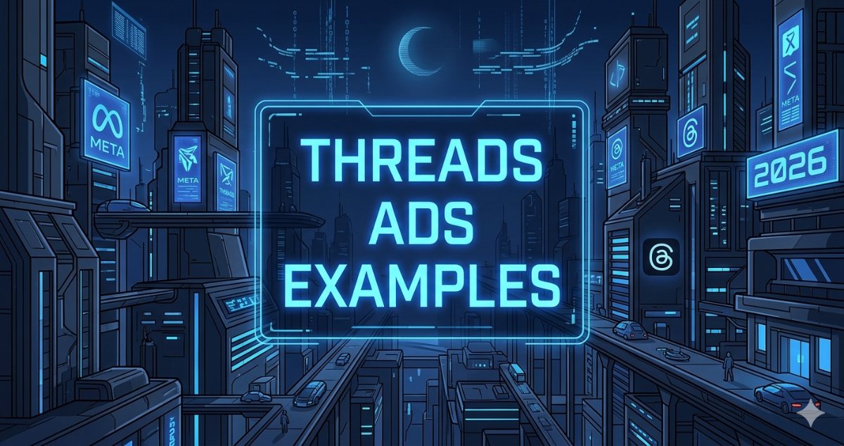 Neon cyberpunk city with Meta and Threads billboards displaying Threads Ads Examples 2026.